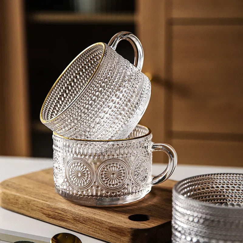 Embossed Glass Tea/Coffee Cups - With Gold Edging