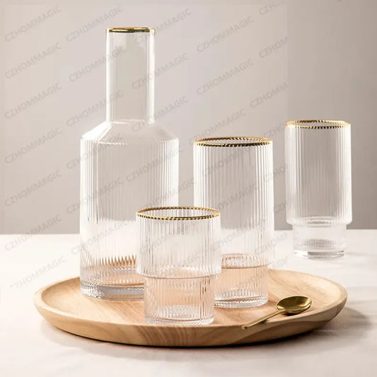 Nordic Crystal Glass Pitcher and Glasses - With Gold Edging