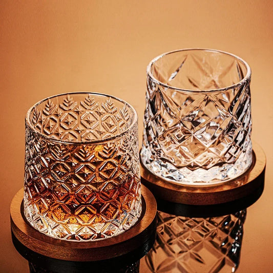 Rotating Whiskey Glass Tumblers Complete with Wooden Coaster