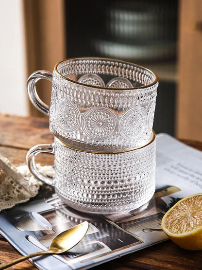 Embossed Glass Tea/Coffee Cups - With Gold Edging